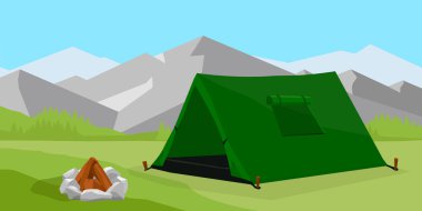 Kamp ve yürüyüş. Dağ macerası ve seyahat. Dağ manzarasında kamp çadırı ve kamp ateşi. Vektör illüstrasyonu