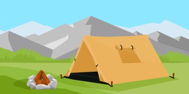 Kamp ve yürüyüş. Dağ macerası ve seyahat. Dağ manzarasında kamp çadırı ve kamp ateşi. Vektör illüstrasyonu
