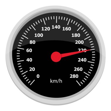 Hız göstergesi ve takometresi olan yuvarlak bir arabanın temsili çizimi. Hız göstergesi saatte 220 km 'yi gösteriyor. Araba paneli görüntüsü. Beyaz arka planda izole edilmiş. Vektör illüstrasyonu