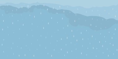 Bulutlar ve yağmur, yağmur mevsimi, hava durumu. Düşen su damlaları. Şeffaf arkaplanda yağmur damlaları var. Doğal afeti sel basmış. Vektör illüstrasyonu