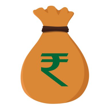 Üzerinde Hint Rupisi sembolü olan para torbası beyaz arka planda izole edilmiş. Çizgi film para çantası dolusu Hint parası. Vektör simgesi