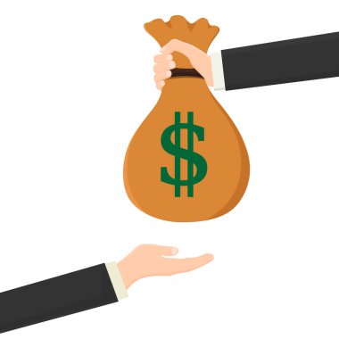 Beyaz arka planda dolar işareti olan para çantası vermek. Ödeme, kredi, kredi, bankacılık kavramı. Vektör illüstrasyonu 