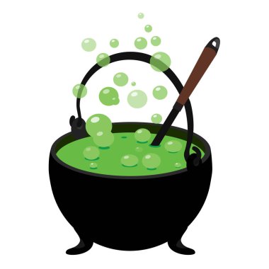 Çizgi film cadılar bayramı cadı kazanı, yeşil iksirli sihirli demlik. Çelik kazan, kaynamış bira ya da buharda pişmiş yapışkan madde. Kaşık köpüren iksiri karıştırıyor. Büyücü, büyücü ya da büyücü için, zehirli su ısıtıcısı