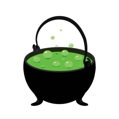 Karikatür cadılar bayramı cadı kazanı, beyaz arka planda yeşil iksirli sihirli kazan. Kaynayan sihirli mayalı çelik kazan ya da dumanı tüten yapışkan madde. Büyücü, büyücü ya da büyücü için, zehirli su ısıtıcısı
