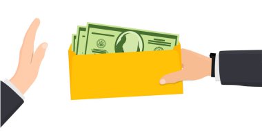 İş adamı el hareketini reddediyor. Zarfta sunulan parayı reddetmek. Yolsuzlukla mücadele sahnesi yasadışı para transferi. Vektör illüstrasyonu