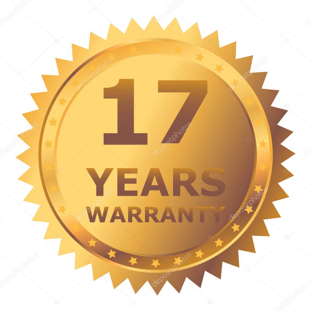 17 Years warranty label, badge, icon, logo. Golden seventeen years warranty round sticker isolated on white background. Vector illustration
