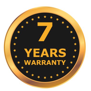 7 yıllık garanti etiketi, rozeti, ikonu, logosu. Beyaz arka planda izole edilmiş yedi yıllık altın ve siyah garanti etiketi. Vektör illüstrasyonu