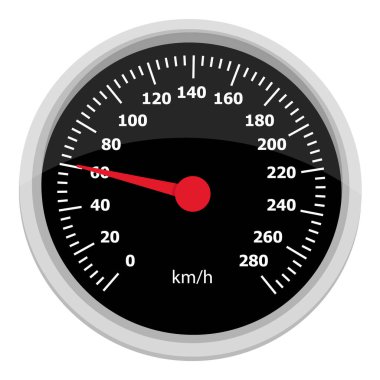 Hız göstergesi ve takometresi olan yuvarlak bir arabanın temsili çizimi. Hız göstergesi saatte 60 km 'yi gösteriyor. Araba paneli görüntüsü. Beyaz arka planda izole edilmiş. Vektör illüstrasyonu