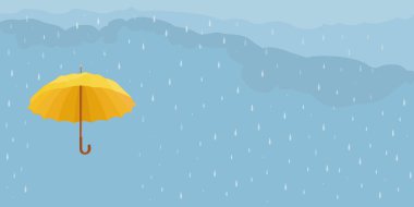 Bulutlar ve yağmur, yağmur mevsiminde şemsiye, hava koşulları. Düşen su damlaları. Şeffaf arkaplanda yağmur damlaları var. Doğal afeti sel basmış. Vektör illüstrasyonu