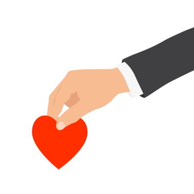 El ele tutuşmak ya da kırmızı kalbi bağış, barış, sevgi ya da hayırseverlik sembolü olarak koymak. Beyaz arka planda izole edilmiş. Vektör