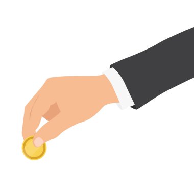 El ele altın bir para tutarak, maddi yardım vererek, dolar, para, peni bağışlayarak. Beyaz arka planda izole edilmiş. Vektör illüstrasyonu.