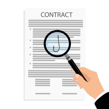 Dolandırıcılık ya da sözleşmeli balıkçılık kavramı. Belge ve olta iğnesi büyüteç altında. Anlaşma yapmadan önce dikkatlice oku. Vektör illüstrasyonu