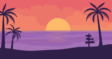 Palmiye ağaçları ve deniz olan güzel bir günbatımı plajı. Doğa ve deniz manzarası. Tatilde seyahat ve tatil için dinlenme zamanı. Vektör illüstrasyonu