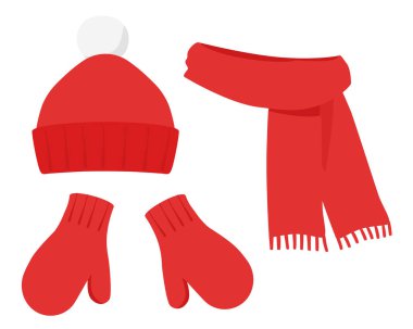 Kış aksesuarları koleksiyonu. Kırmızı şapka, atkı ve eldiven. Çizgi film dairesi. Vektör illüstrasyonu