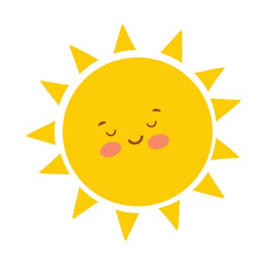 Mutlu gülümseyen güneş, beyaz arka planda izole. Komik çıkartma. Hava durumu, logo tasarımı, klipsli sanat öğesi. Yaz sembolü. El çizimi vektör illüstrasyonu 