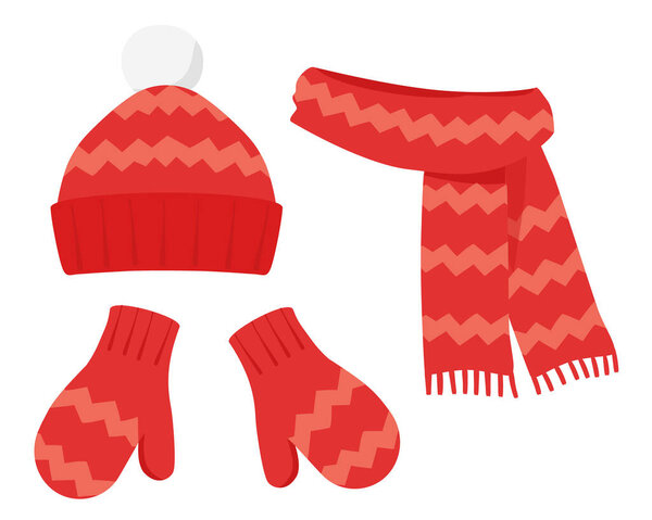 Коллекция зимних аксессуаров Красная шляпа, шарф и варежки с зигзагами. Мультфильм плоский. Векторная иллюстрация