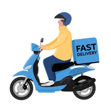 Beyaz arka planda izole edilmiş paketi teslim etmek için scooter kullanan bir adam. Hızlı teslimat konsepti. Vektör illüstrasyonu