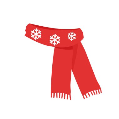 Vektör illüstrasyon kırmızı örgü eşarp beyaz arka planda izole. Kar taneli kış eşarbı