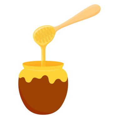 Beyaz arka planda izole edilmiş, ahşap kaptan bal damlayan bal küpü. Vektör illüstrasyonu