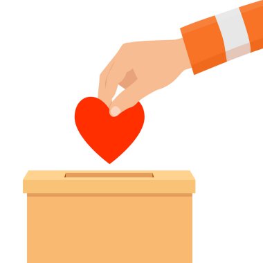 Bağış kutusu ve bağış konsepti. Kırmızı kalbi bağış kutusuna koyuyorum. Beyaz arka planda izole edilmiş. Vektör