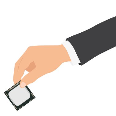 Elinde mikroişlemci çipi tutan bir iş adamı, beyaz arka planda izole edilmiş. Mikro elektronik ve işlemciler. Bilgisayar teknolojisi ve ekipmanları. Vektör illüstrasyonu