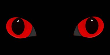 Karanlıktaki kedi gözleri. Karanlıktaki bir kedinin kırmızı gözleri. Bir kedinin tehlikeli gözleri. Vektör simgesi