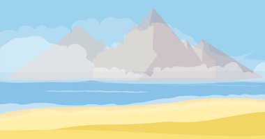 Kumsal ve deniz, dağ manzarası, arka plan veya pankart. Seyahat, tatil konsepti. Vektör illüstrasyonu