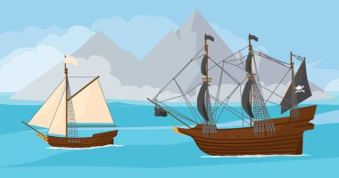 Korsan gemisi ve kafataslı korsan bayrağı taşıyan korsan yelkenlisi. Okyanus kıyısındaki tropik ve dağ manzaralarına karşı. Deniz koyunun vektör çizimi. Arkaplan, afiş