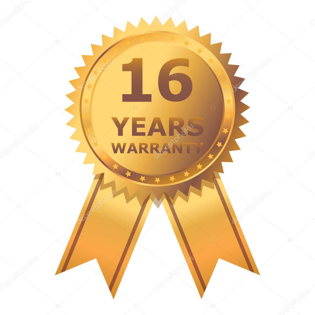 16 Years warranty label, badge, icon, logo. Golden sixteen years warranty round sticker, medal with ribbon isolated on white background. Vector illustration