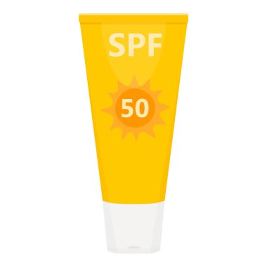 Beyaz arka planda izole edilmiş 50 şişe SPF tüp dizaynlı sarı güneş kremi losyonu. Güneş kremi yaz boyunca deriyi güneşten korur. Vektör