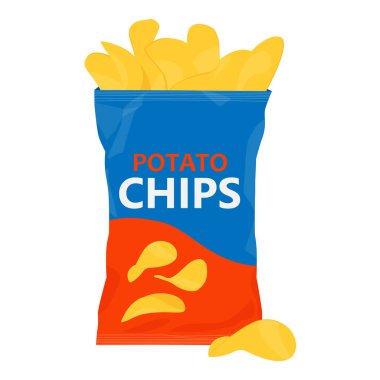 Plastik cips ya da patates cipsi dolu bir paket. Beyaz arka tarafta izole edilmiş. Patates cipsi tasarım şablonu. Atıştırmalık markalar, reklamlar ve ambalaj tasarımı için. Vektör illüstrasyonu 