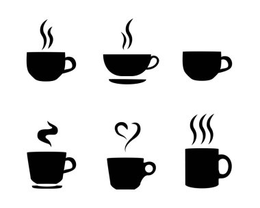 Kahve fincanı vektör simgesi ayarlandı. Bir fincan kahve ya da çay koleksiyonu. Sıcak içecek ikonu. Tek kullanımlık bardak. Buharlı kahve. Düz. Grafiksel
