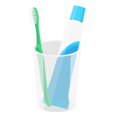 Diş macunu tüpü ve diş fırçası plastik tutacakta, beyaz arka planda izole edilmiş. Ağız sağlığı ve diş sağlığı konsepti. Vektör illüstrasyonu