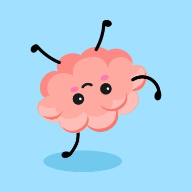 Beyin karakteri. Elleri, ayakları ve gülümseyen komik yüzlü sevimli pembe insan beyni. İnsan organı maskotu. Zeki, zeki. Beyaz arka planda izole edilmiş. Vektör illüstrasyonu