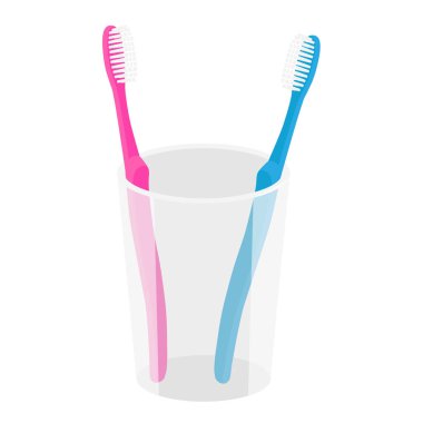 Plastik tutacakta pembe ve mavi naneli diş fırçası, beyaz arka planda izole edilmiş. Ağız sağlığı ve diş sağlığı konsepti. Vektör illüstrasyonu