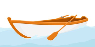 Kürekli tahta kürek teknesi. Çizgi film teknesi. Dalgalarla dolu suda yüzen bir tekne. Deniz, nehir ya da göl. Vektör illüstrasyonu