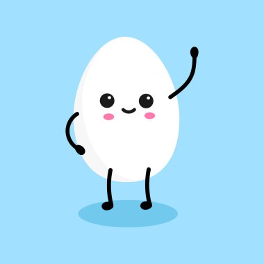 Yumurta karakteri, mavi arka planda izole edilmiş. Gülümseyen ve mutlu bir yumurta. Tatlı kaynamış yumurta ve kawaii komik çizgi film suratı. Vektör illüstrasyonu