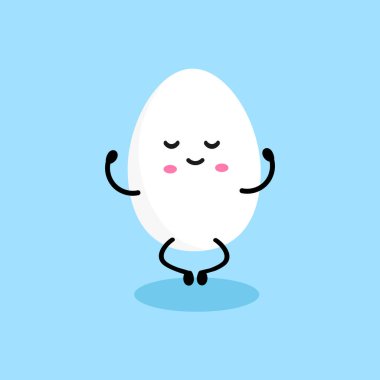 Nilüfer çiçekli yumurta karakteri, mavi arka planda izole edilmiş. Sakin ol. Tatlı kaynamış yumurta ve kawaii komik çizgi film suratı. Vektör illüstrasyonu