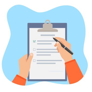 Elleri panoda tutarken kontrol listesi, yeşil işaretler ve kalem. Not defterindeki kontrol listesi dolduruluyor. Anket, sınav, liste ya da anlaşma konsepti. Düz biçimli vektör illüstrasyonu