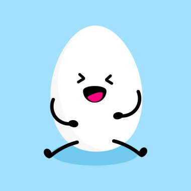 Yumurta karakteri, mavi arka planda izole edilmiş. Gülümseyen ve mutlu bir yumurta. Tatlı kaynamış yumurta ve kawaii komik çizgi film suratı. Vektör illüstrasyonu