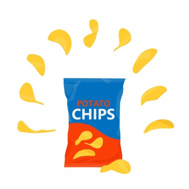Patates cipsleri plastik cips paketlerinde ya da paketlerde uçuşuyor. Beyaz arka tarafta izole edilmiş. Patates cipsi tasarım şablonu. Atıştırmalık markalar, reklamlar ve ambalaj tasarımı için. Vektör illüstrasyonu 