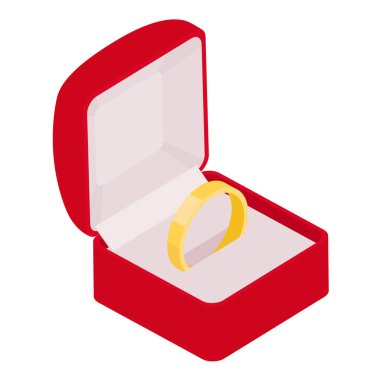 Kırmızı mücevher kutusundaki altın yüzük, beyaz arka planda izole edilmiş. Mücevher kutusu. Yüzük kutusu açıldı. Vektör illüstrasyonu