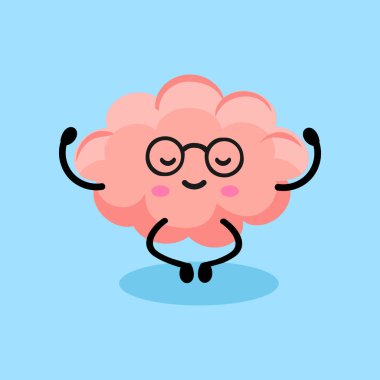 Lotus pozundaki beyin karakteri. Sakin ol. Elleri, ayakları ve gülümseyen komik yüzlü sevimli pembe insan beyni. İnsan organı maskotu. Sağlıklı meditasyon yoga rahatla. Vektör