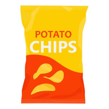 Çipler plastik ambalaj tasarımı, beyaz arka planda izole edilmiş. Patates cipsi ikonu. Patates çerezi markalaşma unsuru tasarımı. Logo. Vektör illüstrasyonu