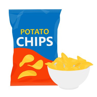 Patates cipsi paketi ve bir tabak cips, beyaz arka planda izole edilmiş. Cips poşeti ve içi cips dolu bir kase. Ambalaj şablonu tasarımı. Atıştırmalık markalar, reklamlar ve ambalaj tasarımı için. Vektör illüstrasyonu 