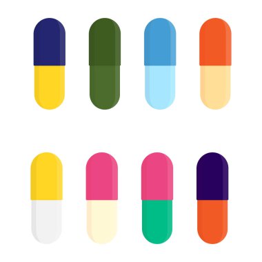 Kapsül veya hap ikonu seti. İlaç koleksiyonu. Sağlık sigortası konsepti. Vektör illüstrasyonu