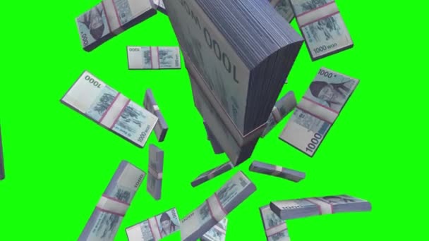 Зеленый Экран Банкноты Южной Кореи Вон Slow Motion Cash Fall — стоковое видео