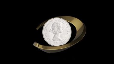 Close-up of an Australian 1 Penny coin (1958, kangaroo design) placed inside a golden spiral curve on a black background.