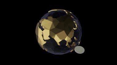 A rotating silver coin moving around a golden globe with black geometric design, symbolizing global trade and digital economy.