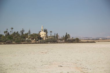 Kıbrıs Rum Kesimi 'ndeki Larnaka' daki Hala Sultan Tekke 'nin güzel manzarası